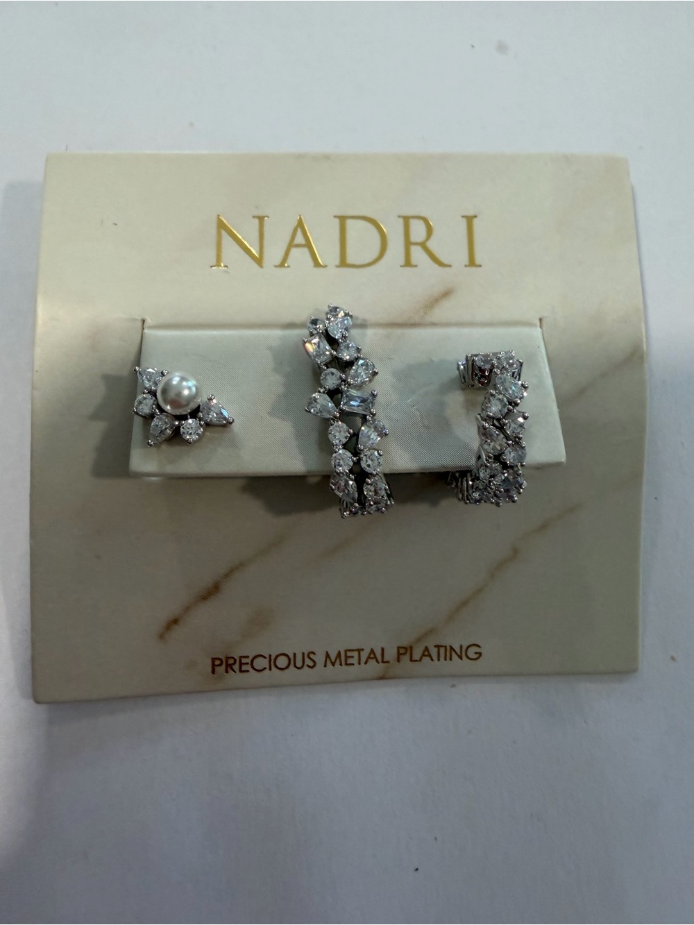 Nadri Silver Crystal Hoop and Pearl Cluster Stud Earrings